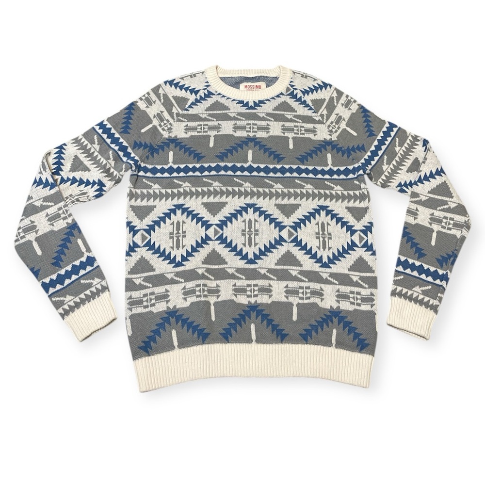 Men's Mossimo Crewneck Sweater White Blue Aztec Fair Isle Size Medium